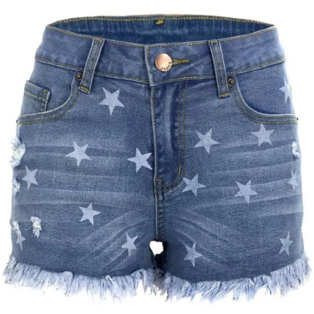 Star Print Denim Shorts with Frayed Hem Size Small - Picture 3 of 4